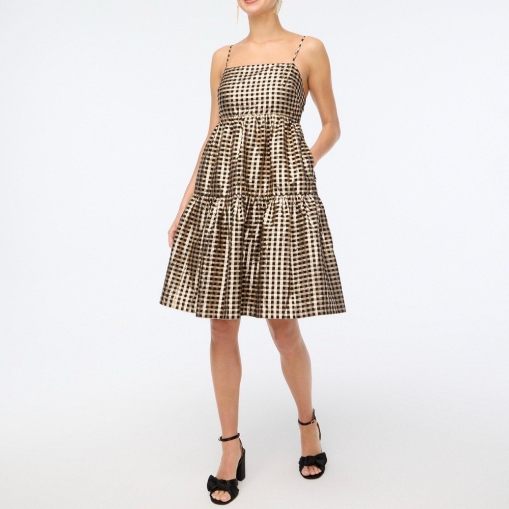 J.Crew Gingham Tiered Midi Dress – Black & Tan Check